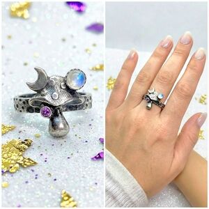 Silver purple Crystal moon mushroom moodring Choose Your Size